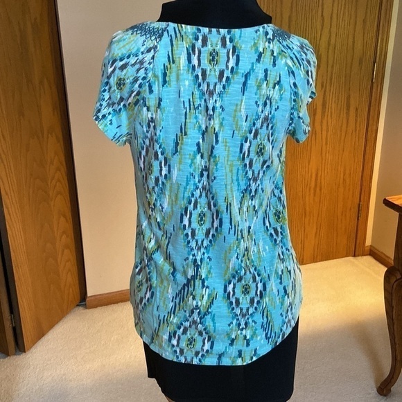 🦄 Sonoma lifestyle cap sleeve tie-Neck patterned top turquoise medium - Picture 5 of 9